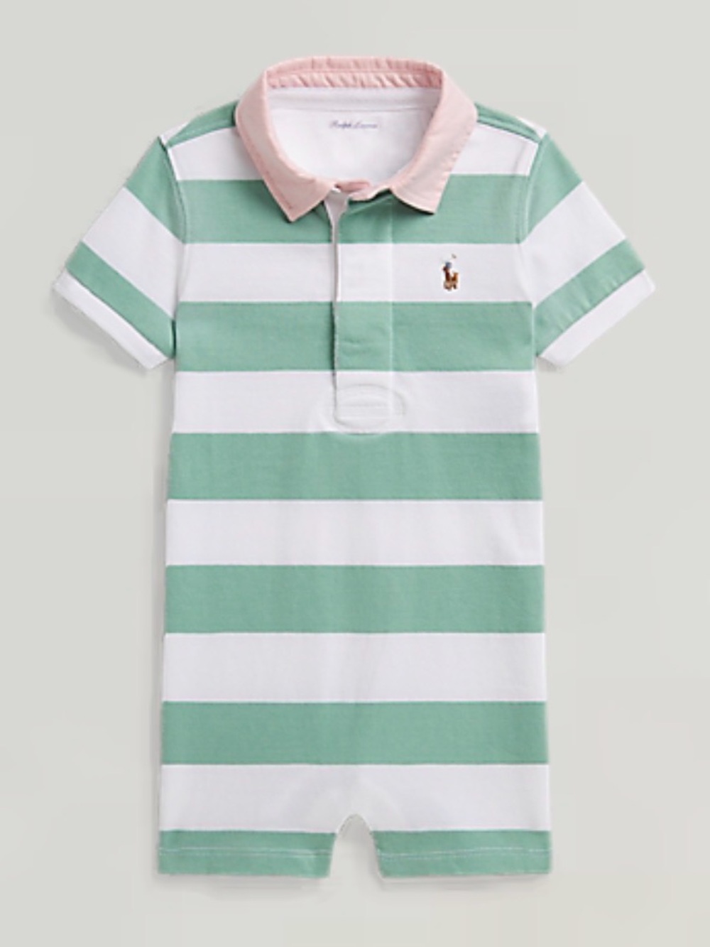 Polo by Ralph Lauren Mint Green & White Striped Polo Romper with Pink Collar